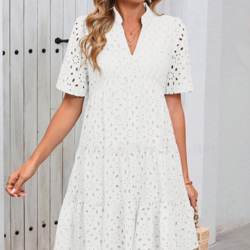 Women's V Neck A Line Dress Printed Cutout Stylish Summer Wear