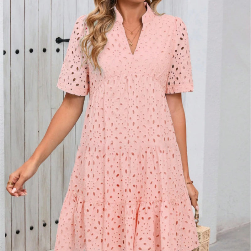 Women's V Neck A Line Dress Printed Cutout Stylish Summer Wear