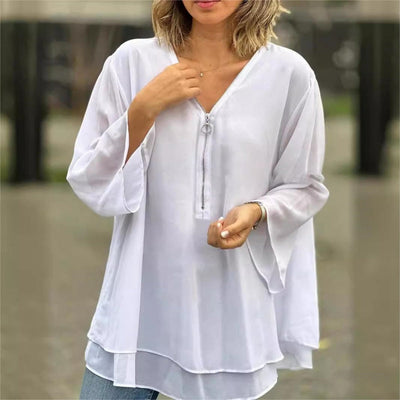 Double-Layer V-Neck Zipper Top With 3/4 Soft Sleeves