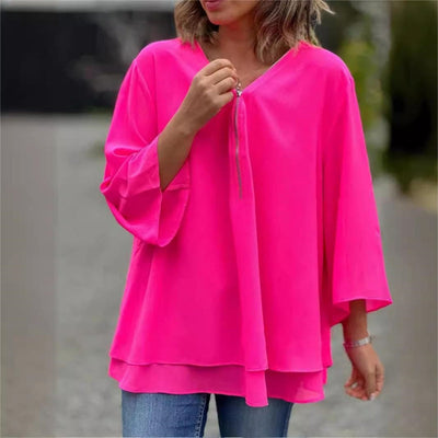 Double-Layer V-Neck Zipper Top With 3/4 Soft Sleeves