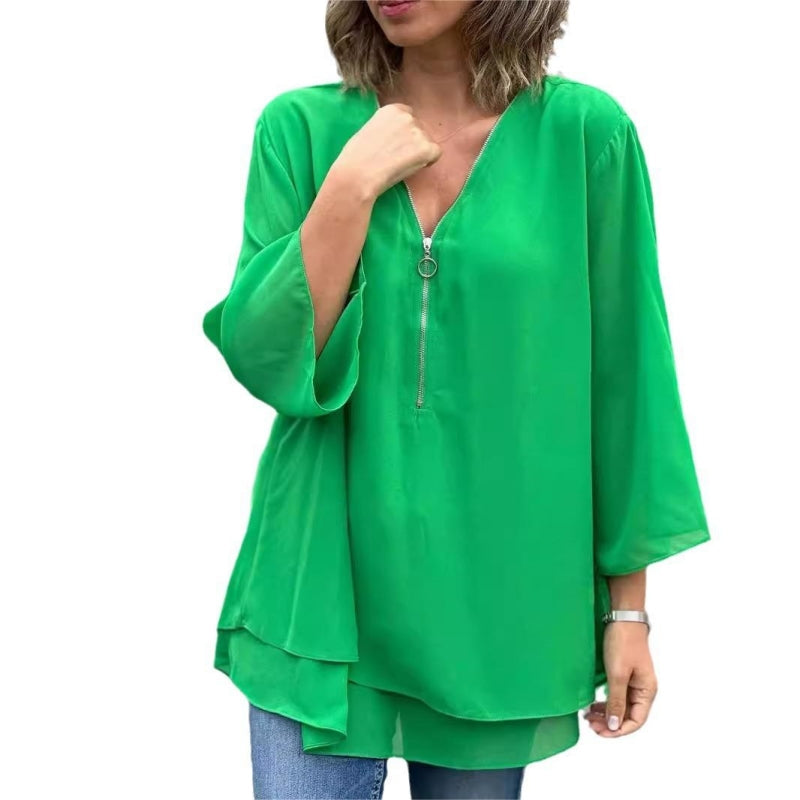 Double-Layer V-Neck Zipper Top With 3/4 Soft Sleeves
