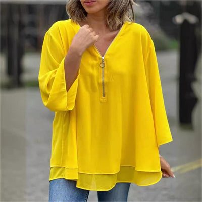 Double-Layer V-Neck Zipper Top With 3/4 Soft Sleeves