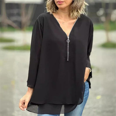 Double-Layer V-Neck Zipper Top With 3/4 Soft Sleeves