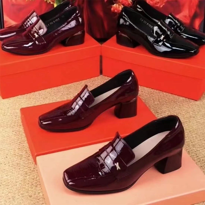 Women’s Glossy Block Heel Loafers Stylish Comfortable Shoes
