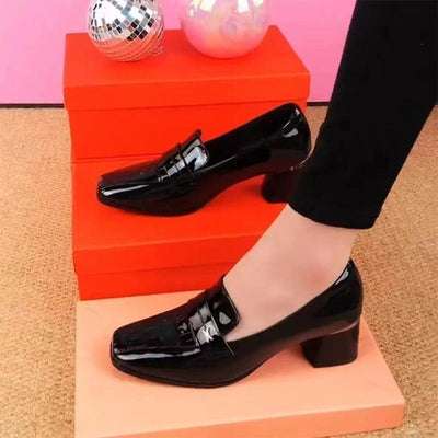 Women’s Glossy Block Heel Loafers Stylish Comfortable Shoes