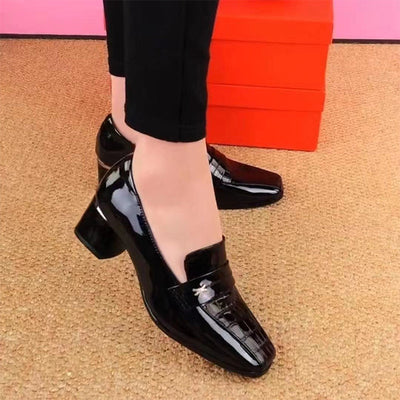 Women’s Glossy Block Heel Loafers Stylish Comfortable Shoes