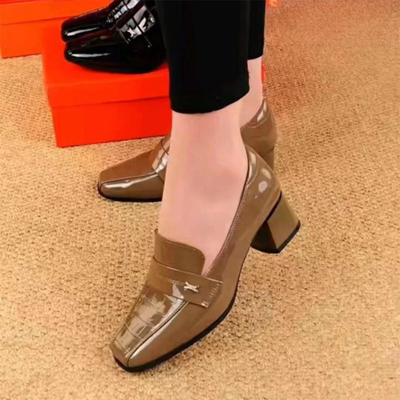 Women’s Glossy Block Heel Loafers Stylish Comfortable Shoes