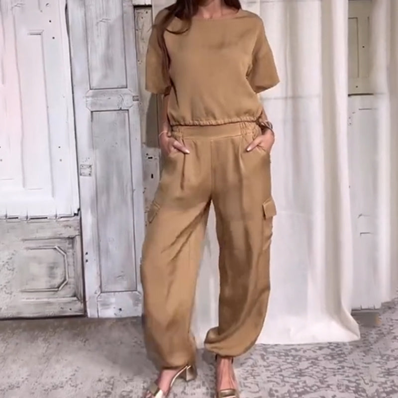 Casual 2 Piece Set Solid Color Short Sleeve Top And Pants