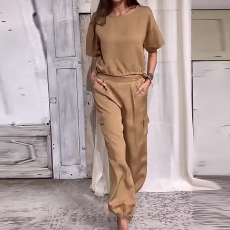 Casual 2 Piece Set Solid Color Short Sleeve Top And Pants