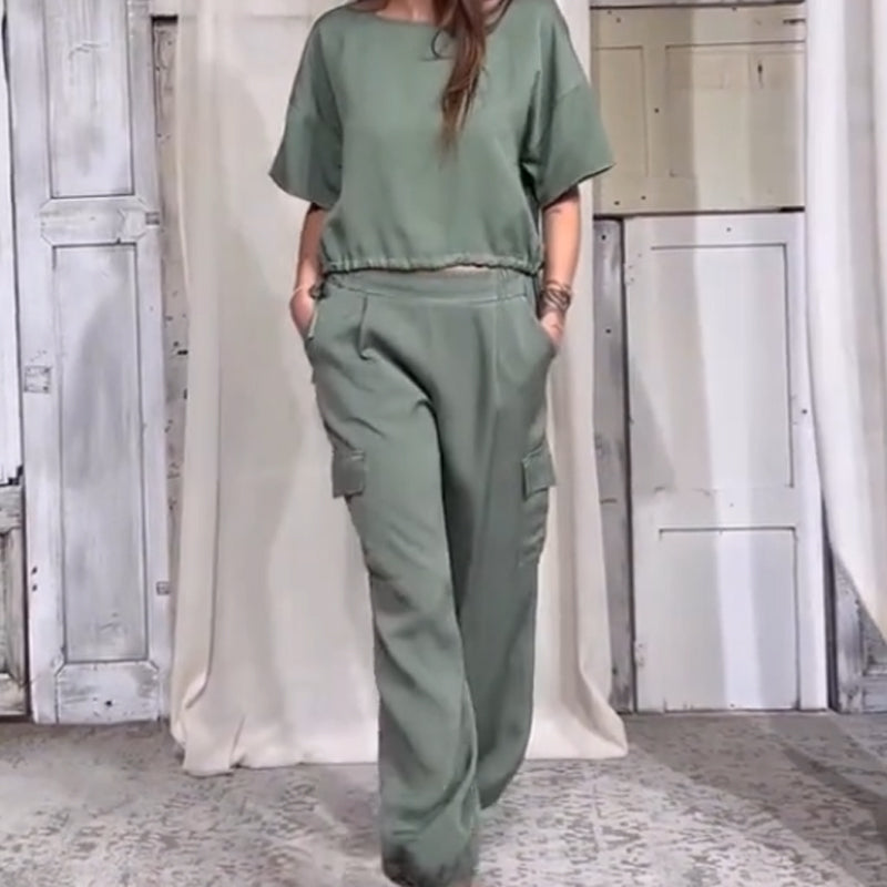 Casual 2 Piece Set Solid Color Short Sleeve Top And Pants