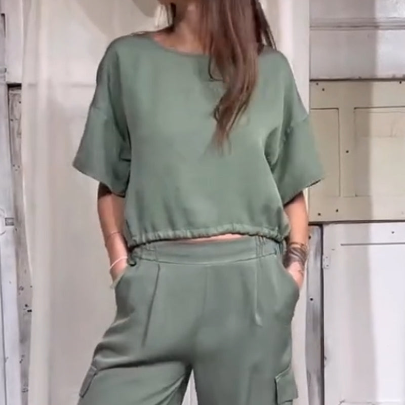 Casual 2 Piece Set Solid Color Short Sleeve Top And Pants