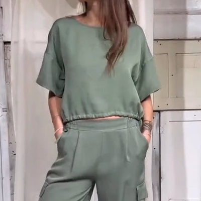 Casual 2 Piece Set Solid Color Short Sleeve Top And Pants