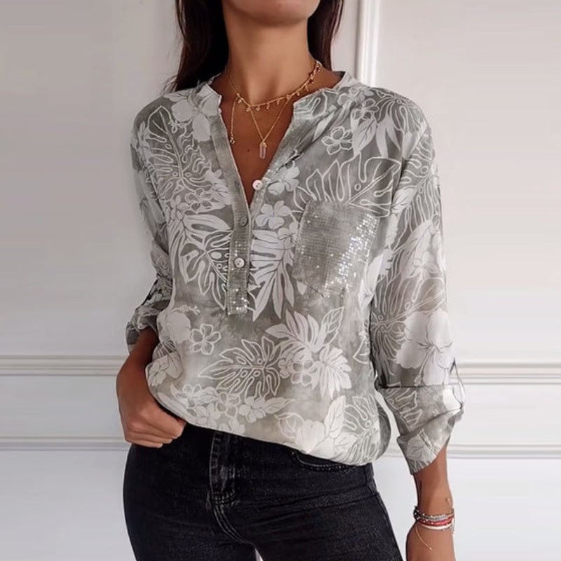 Women's Sequin Blouse Elegant Printed Long Sleeve Top