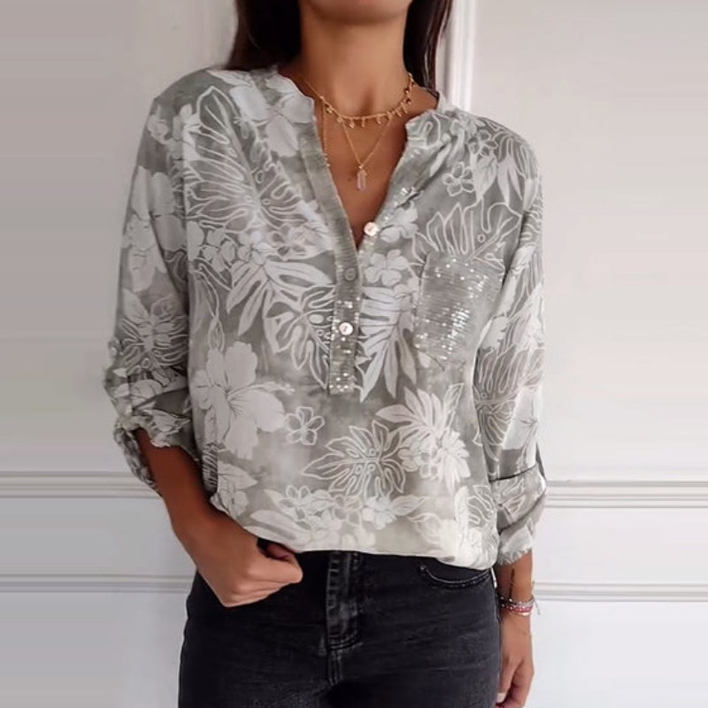 Women's Sequin Blouse Elegant Printed Long Sleeve Top