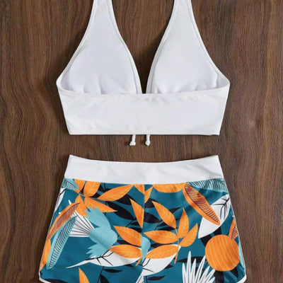 Leaf Print Two-Piece Swimsuit Halter V Neck Beachwear