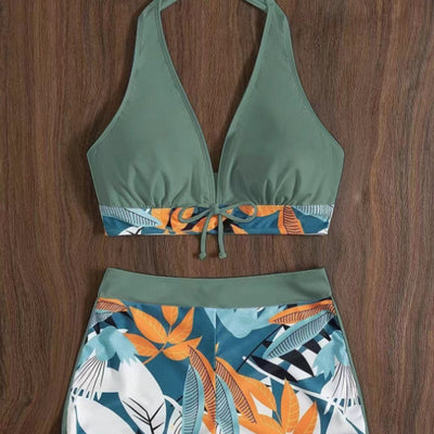 Leaf Print Two-Piece Swimsuit Halter V Neck Beachwear