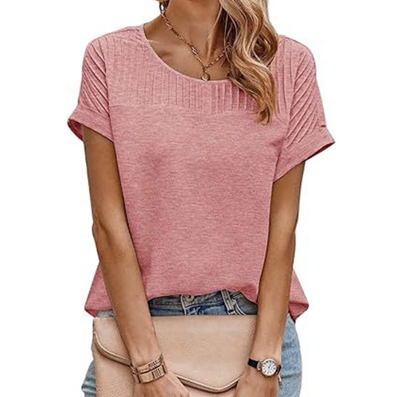 Round Neck Pleated Trim Top Elegant Solid Color Shirt