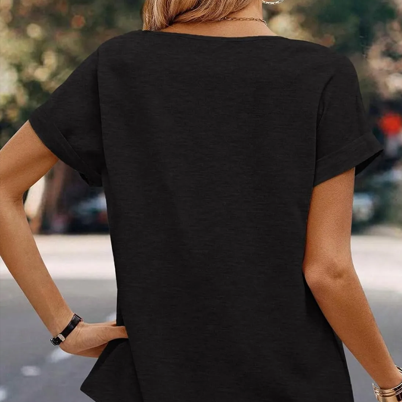 Round Neck Pleated Trim Top Elegant Solid Color Shirt