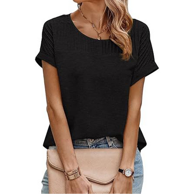 Round Neck Pleated Trim Top Elegant Solid Color Shirt