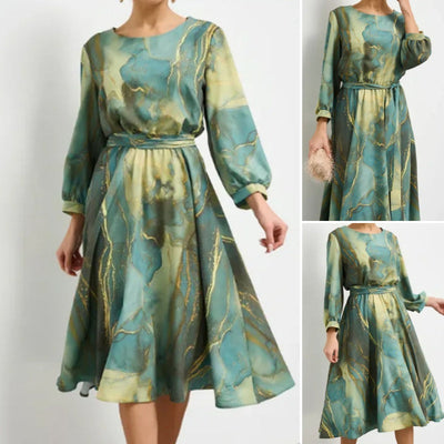 Women's Long Sleeve Printed Waist Dress Casual Elegant Style