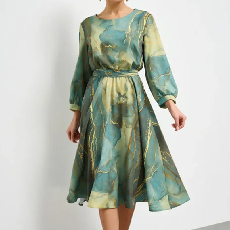 Women's Long Sleeve Printed Waist Dress Casual Elegant Style
