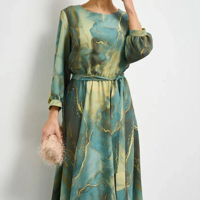 Women's Long Sleeve Printed Waist Dress Casual Elegant Style