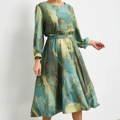 Women's Long Sleeve Printed Waist Dress Casual Elegant Style
