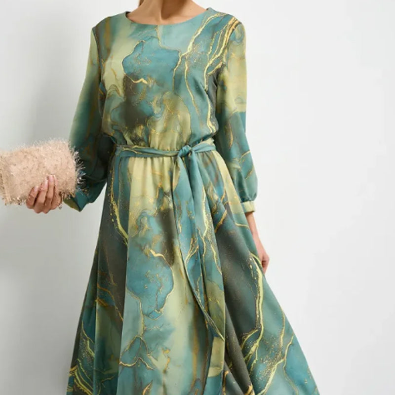 Women's Long Sleeve Printed Waist Dress Casual Elegant Style