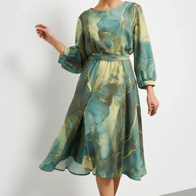 Women's Long Sleeve Printed Waist Dress Casual Elegant Style