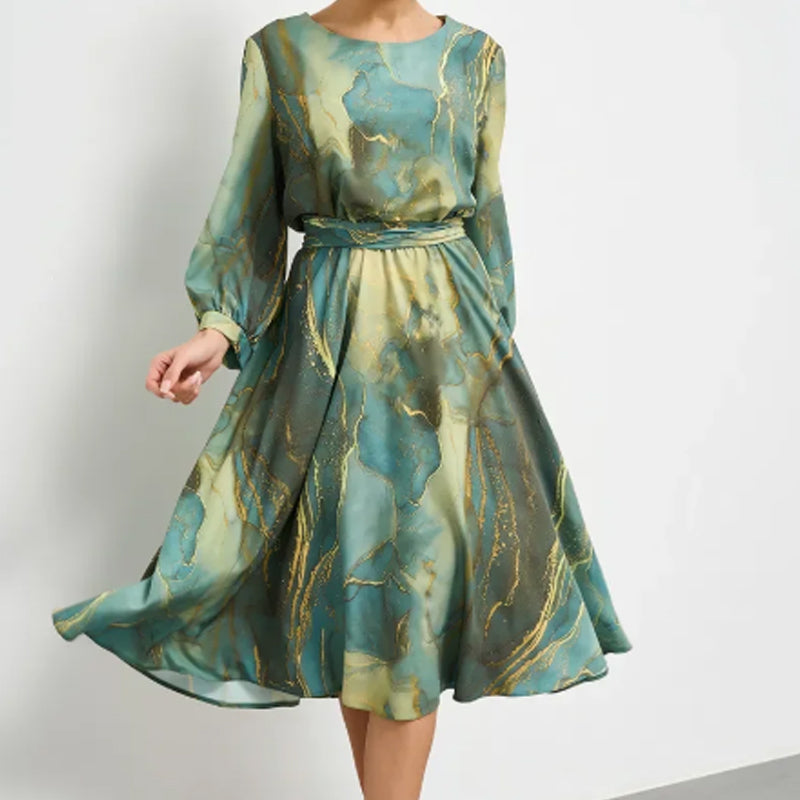 Women's Long Sleeve Printed Waist Dress Casual Elegant Style