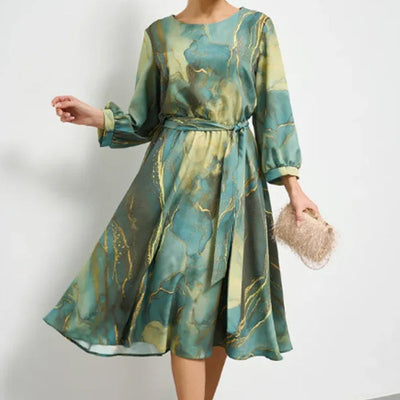 Women's Long Sleeve Printed Waist Dress Casual Elegant Style