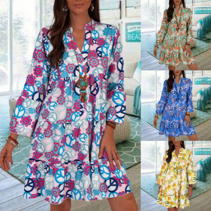 Floral Print Beach Dress V Neck 3/4 Sleeve Casual Summer Dress