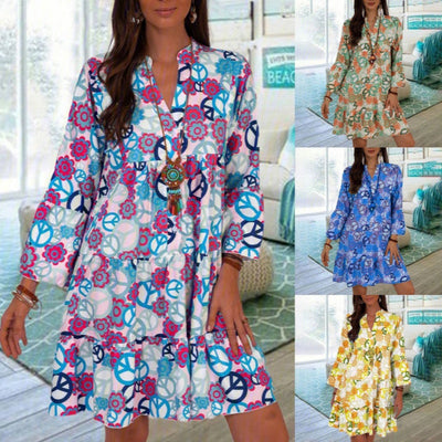 Floral Print Beach Dress V Neck 3/4 Sleeve Casual Summer Dress