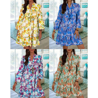 Floral Print Beach Dress V Neck 3/4 Sleeve Casual Summer Dress