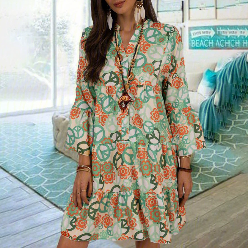 Floral Print Beach Dress V Neck 3/4 Sleeve Casual Summer Dress