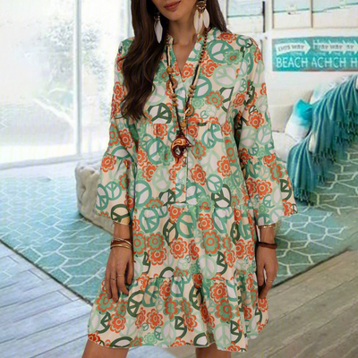 Floral Print Beach Dress V Neck 3/4 Sleeve Casual Summer Dress