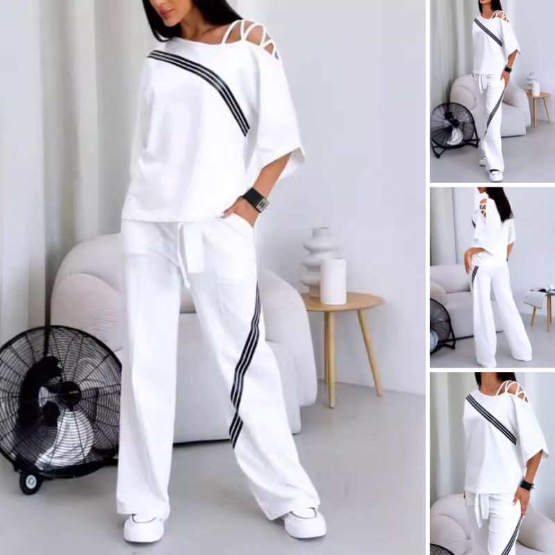 Women’s Striped Two-Piece Set Short Sleeve Top And Pants