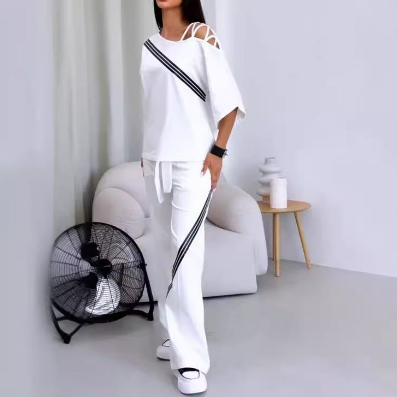 Women’s Striped Two-Piece Set Short Sleeve Top And Pants