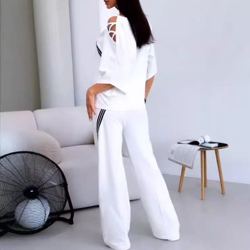 Women’s Striped Two-Piece Set Short Sleeve Top And Pants