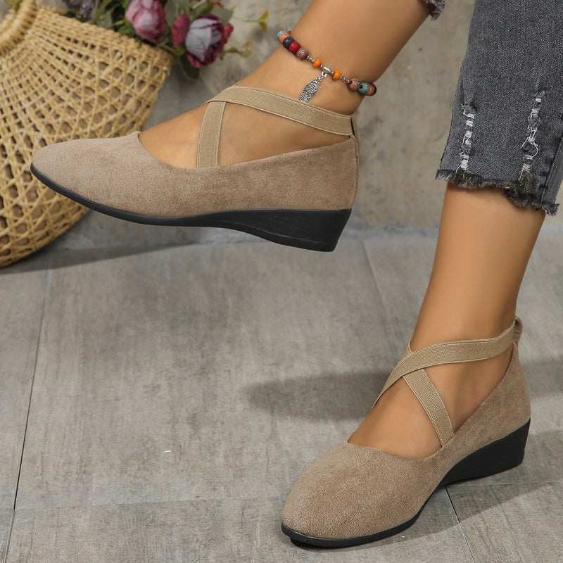 Elegant Solid Colour Elasticated Comfortable Low Wedge Heels