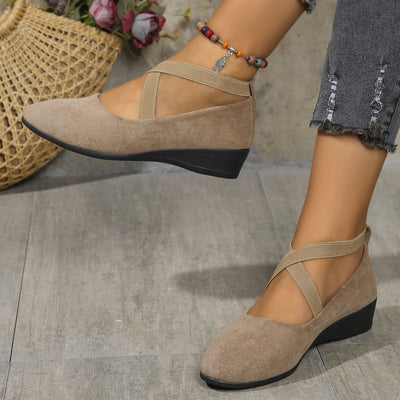 Elegant Solid Colour Elasticated Comfortable Low Wedge Heels