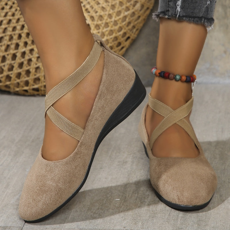Elegant Solid Colour Elasticated Comfortable Low Wedge Heels
