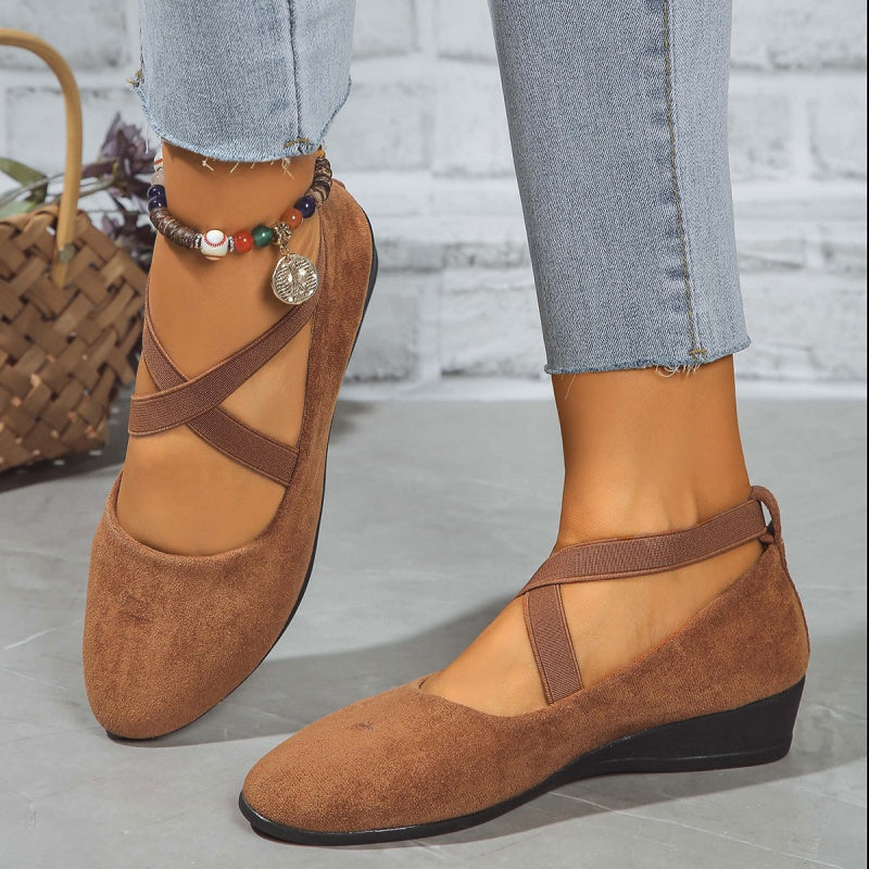 Elegant Solid Colour Elasticated Comfortable Low Wedge Heels
