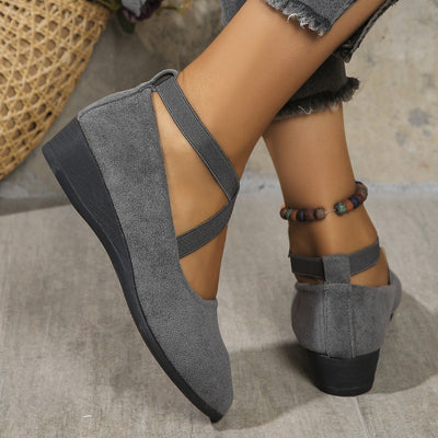 Elegant Solid Colour Elasticated Comfortable Low Wedge Heels