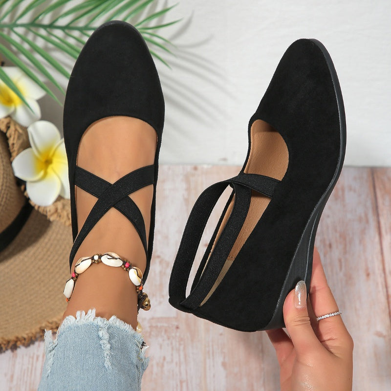 Elegant Solid Colour Elasticated Comfortable Low Wedge Heels