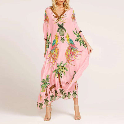Women’s V-Neck Printed Dress Loose Fit Casual Summer Style