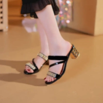 Women's Rhinestone Block Heel Sandals Elegant Sparkle Party Shoes
