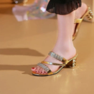 Women's Rhinestone Block Heel Sandals Elegant Sparkle Party Shoes