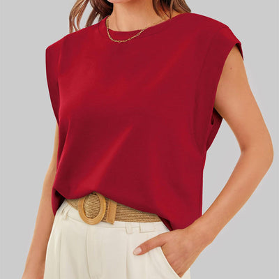 Round Neck Cap Sleeve Top Solid Color Casual Shirt