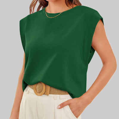 Round Neck Cap Sleeve Top Solid Color Casual Shirt